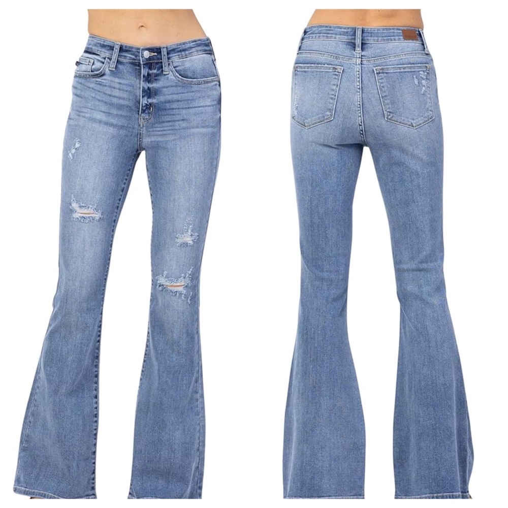 Judy Blue Medium Wash High Rise Destroyed Flare Jeans SZ 31 Contemporary